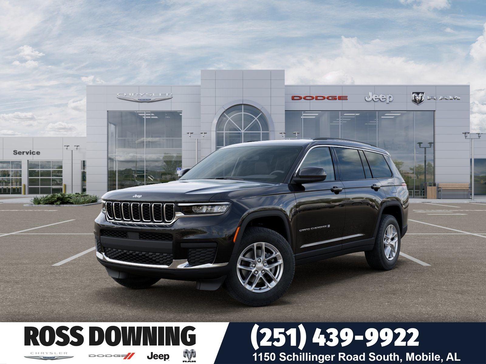 2026 Jeep Grand Cherokee L Laredo in Diamond Black Crystal Pearl-Coat Exterior Paint — front three-quarter view