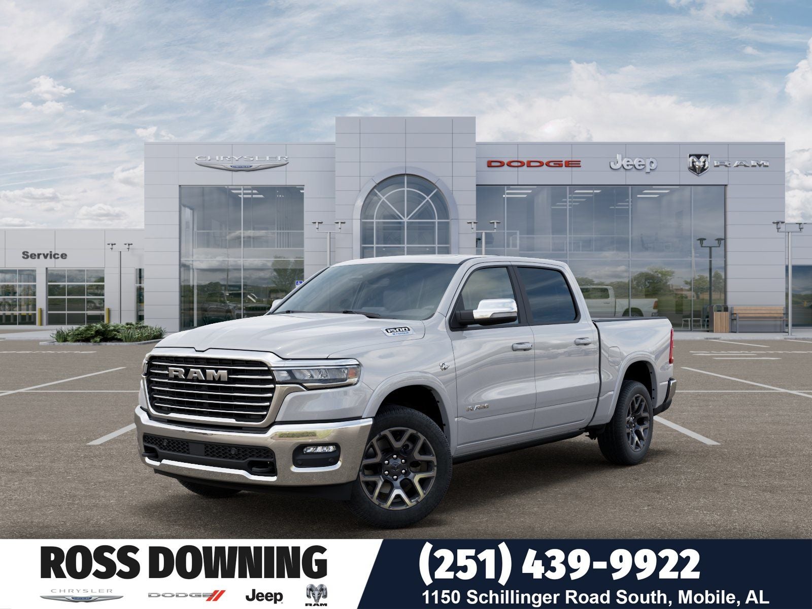 2026 RAM 1500 Laramie in Ivory White Tri-Coat Pearl-Coat Exterior Paint — front three-quarter view