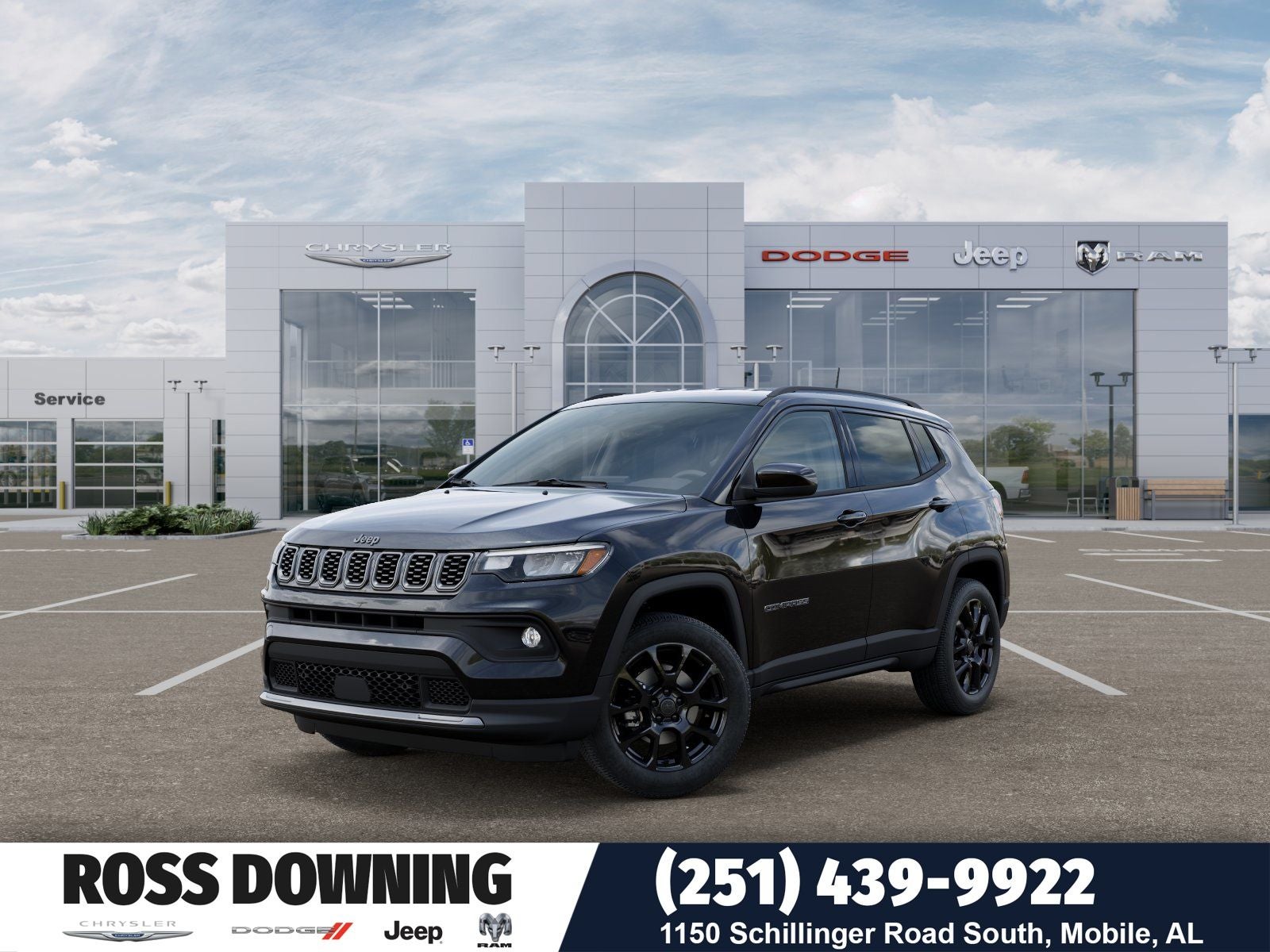 2026 Jeep Compass Latitude in Diamond Black Crystal Pearl-Coat Exterior Paint — front three-quarter view